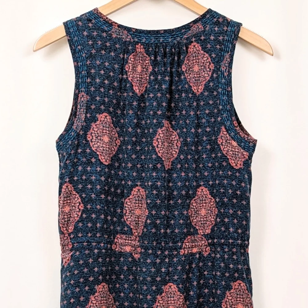 Lucky Brand Tank Dress Drawstring Waist Button Front Medallion Print Blue Pink S